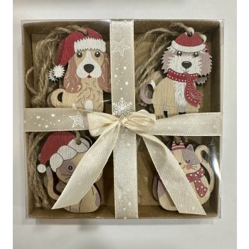   Karácsonyi kutyás cica dekor szett nyolc darabos fa dísz csomagban