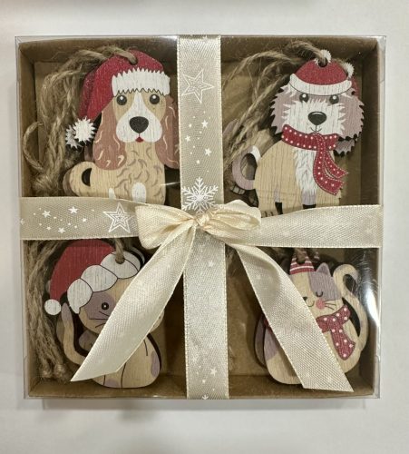 Karácsonyi kutyás cica dekor szett nyolc darabos fa dísz csomagban