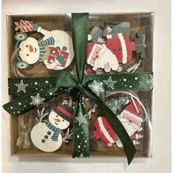   Karácsonyi hóember és mikulás dekor szett nyolc darabos fa dísz csomagban