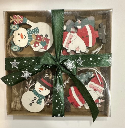 Karácsonyi hóember és mikulás dekor szett nyolc darabos fa dísz csomagban