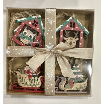  Karácsonyi házikó és szán dekor szett nyolc darabos fa dísz csomagban