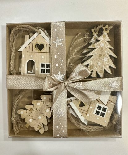 Karácsonyi házikó és fenyő dekor szett nyolc darabos fa dísz csomagban