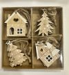 Karácsonyi házikó és fenyő dekor szett nyolc darabos fa dísz csomagban