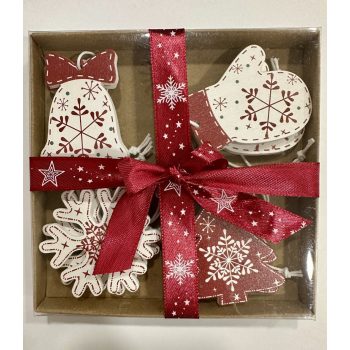   Karácsonyi skandináv dekor szett nyolc darabos piros fehér fa dísz csomagban