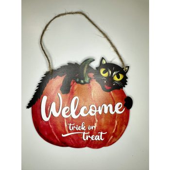   Boszorkányos fogadtatás: Halloween tökös Welcome ajtótábla fekete macskával
