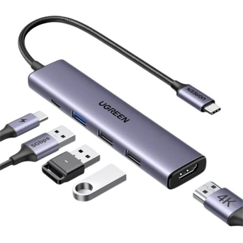 UGREEN Dokkoló állomás 5 az 1-ben, 4K@30Hz, USB HUB, HDMI 1.4, 1x USB-A 3.0, 2x USB-A 2.0, USB-C, 100W, szürke