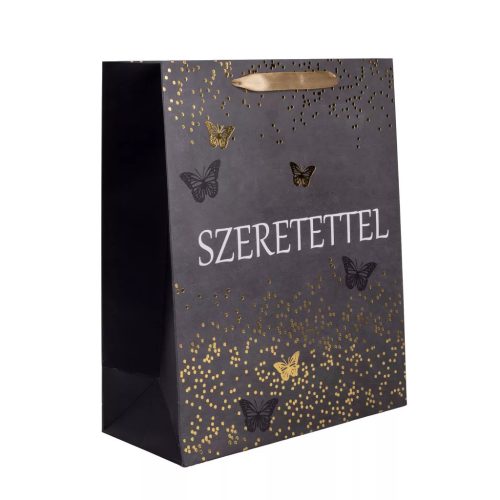 Szeretettel feliratos ajándéktáska – fekete-arany, S méret