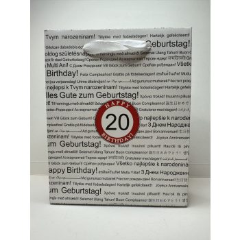   Ajándéktáska – 20. születésnapra, többnyelvű mintával, fehér-fekete