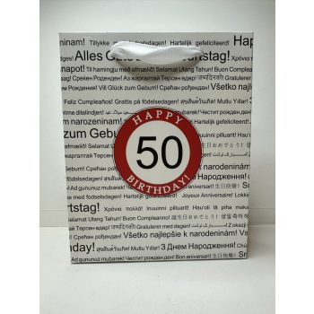   Ajándéktáska 50. születésnapra – többnyelvű "Boldog születésnapot" mintával