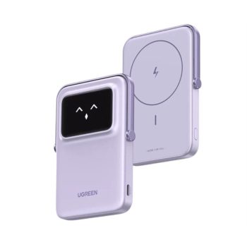   UGREEN Power Bank hordozható töltő, vezeték nélküli töltés, 5000mAh, 20W, USB-C, Mágneses Uno Robot, lila