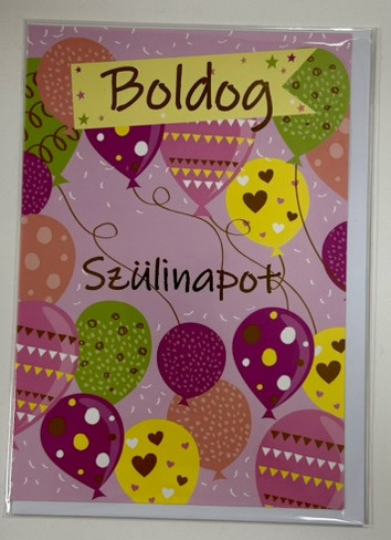 Boldog szülinapot – vidám lufis képeslap (borítékkal)