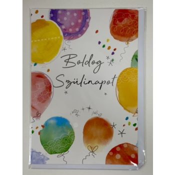   Boldog szülinapot – akvarelles képeslap lufikkal (borítékkal)