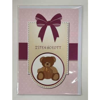   Isten hozott – kislányos képeslap mackóval (borítékkal)