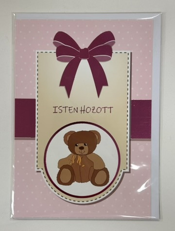 Isten hozott – kislányos képeslap mackóval (borítékkal)