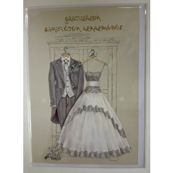   Gratulálok esküvőtök alkalmából – elegáns képeslap menyasszonyi ruhás grafikával (borítékkal)
