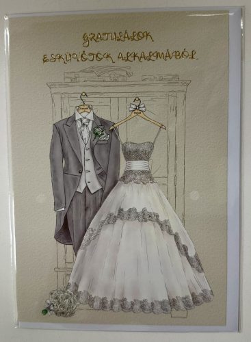 Gratulálok esküvőtök alkalmából – elegáns képeslap menyasszonyi ruhás grafikával (borítékkal)