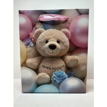   "Isten hozott" ajándéktáska – macival és pasztell lufikkal