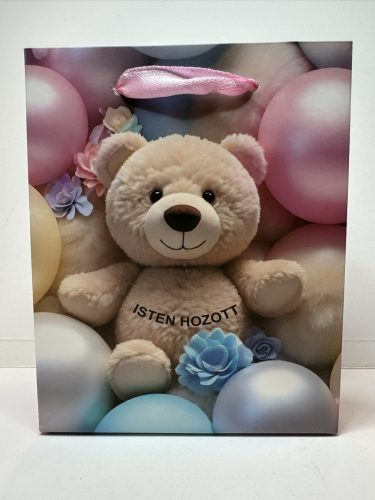 "Isten hozott" ajándéktáska – macival és pasztell lufikkal