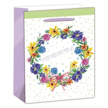   PAPÍRTASAK MATT, HOLOGRAFIKUS EZÜST NYOMÁSSAL, SZÍNES VIRÁGKOSZORÚ, SZERETETTEL FELIRATTAL