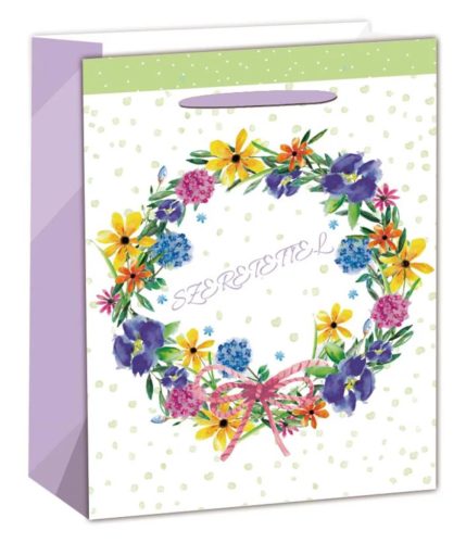 PAPÍRTASAK MATT, HOLOGRAFIKUS EZÜST NYOMÁSSAL, SZÍNES VIRÁGKOSZORÚ, SZERETETTEL FELIRATTAL