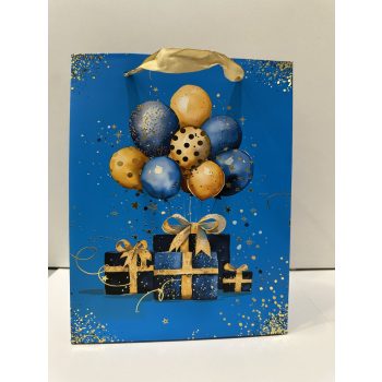 Közepes ajándéktáska – Kék-arany lufis dizájn