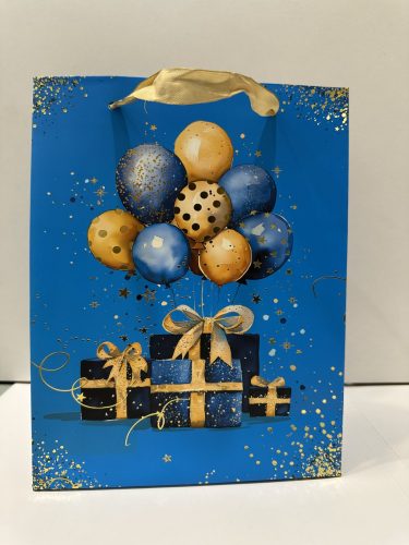 Közepes ajándéktáska – Kék-arany lufis dizájn