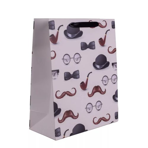 Elegáns Férfi Ajándéktáska – Kalap és Bajusz Mintával (M méret)