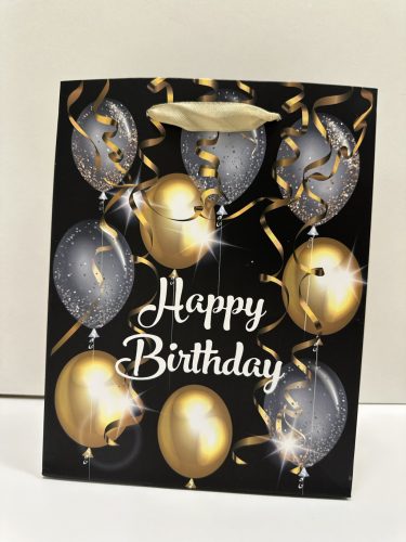 Happy Birthday – fekete-arany születésnapi ajándéktasak (közepes méret)