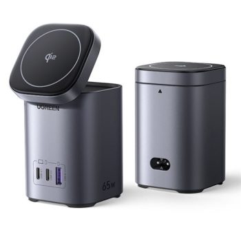   UGREEN asztali hálózati töltő, mágneses, vezeték nélküli töltés, 65W, 4 az 1-ben, 2x USB-C, 1x USB-A, GaN, szürke