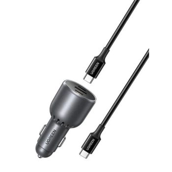   UGREEN Szivargyújtós autós gyorstöltő, 3 port, 2x USB-C, 1x USB-A, PD, 130W, szürke