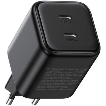   UGREEN hálózati töltő, Dual, 45W, 2x USB-C, PD 3.0, GaN, fekete