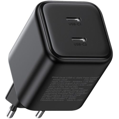 UGREEN hálózati töltő, Dual, 45W, 2x USB-C, PD 3.0, GaN, fekete