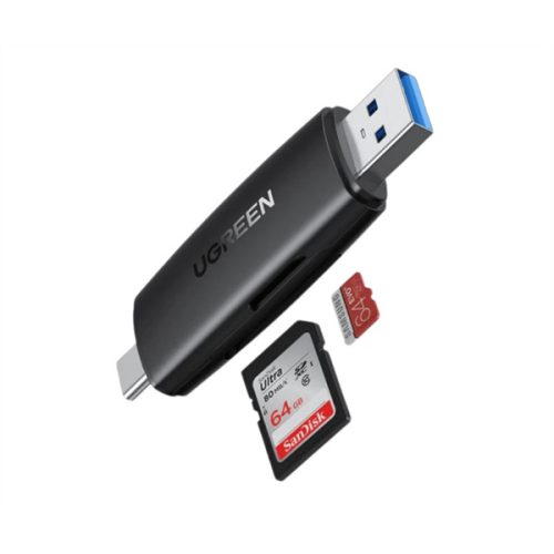 UGREEN USB 3.0 2 az 1-ben SD kártya olvasó, Dual írás és olvasás, USB-A, USB-C M/M, fekete