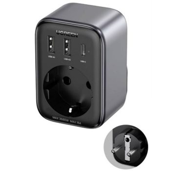   UGREEN Hálózati elosztó, Konnektor bővítő, 1x Schuko, 2x USB-A, 1x USB-C, 30W, szürke