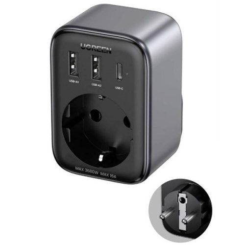 UGREEN Hálózati elosztó, Konnektor bővítő, 1x Schuko, 2x USB-A, 1x USB-C, 30W, szürke