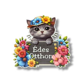  Cica a virágok közt: Édes Otthon falidísz, szürke cicás