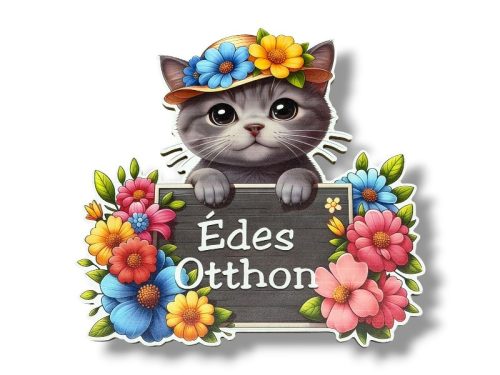 Cica a virágok közt: Édes Otthon falidísz, szürke cicás