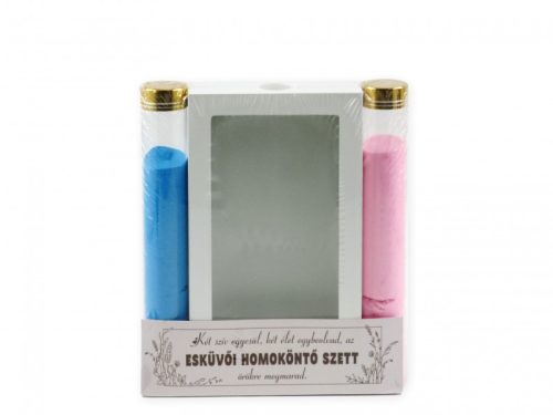 Esküvői homoköntő szett – rózsaszín és kék homokkal, emlékkerettel