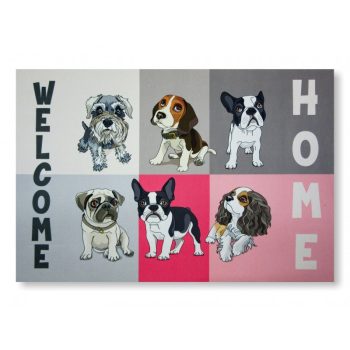  Kutyás Welcome Home lábtörlő – vidám kutyafajtás bejárati szőnyeg 60×40 cm