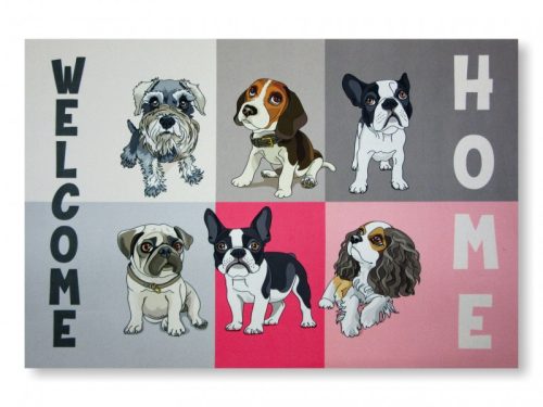 Kutyás Welcome Home lábtörlő – vidám kutyafajtás bejárati szőnyeg 60×40 cm