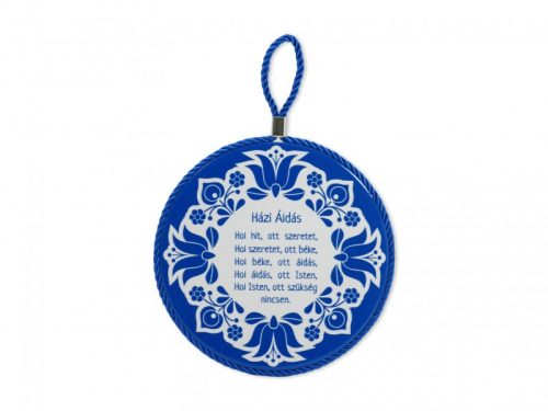 Házi áldás mintás kerámia edényalátét – kék-fehér – 17×19 cm