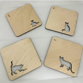 Lézervágott fa poháralátét - cica mintával