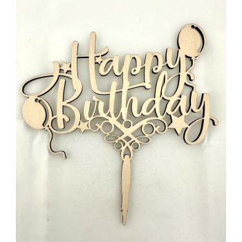   "Happy Birthday" Lézervágott Fa Tábla Lufikkal és Csillagokkal