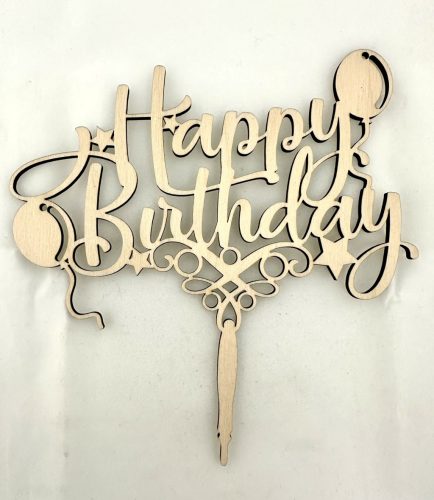 "Happy Birthday" Lézervágott Fa Tábla Lufikkal és Csillagokkal