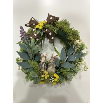   Tavaszi ajtódísz nyuszis párral – húsvéti koszorú masnival