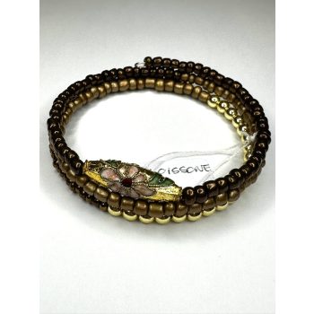   Cloisonné rekeszzománc karkötő – Barna és arany árnyalatú spirál karkötő virágmintás köztes elemmel