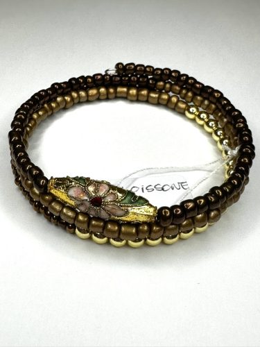 Cloisonné rekeszzománc karkötő – Barna és arany árnyalatú spirál karkötő virágmintás köztes elemmel